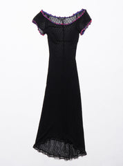 Vintage Betsy Johnson Black Lace Dress With Purple Trim